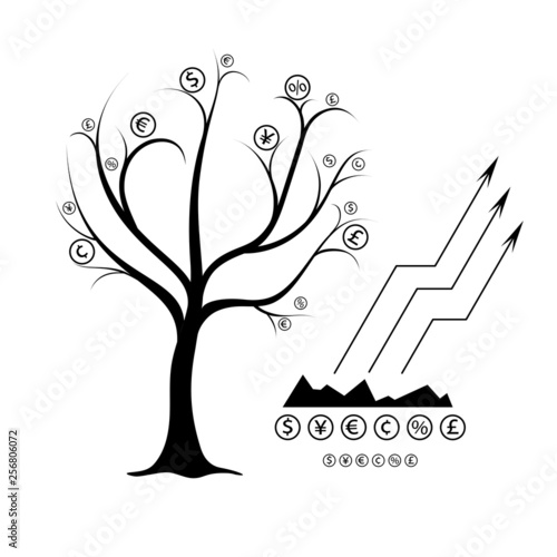 Money Tree. The monetary units  dollar, cent, euro, pound, yen, grows on a  money tree