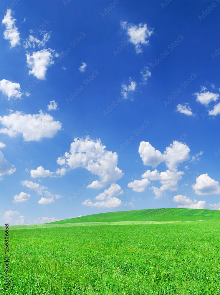 Idyllic view, green hills and blue sky with white clouds Idyllic view, green hills and blue sky with white clouds