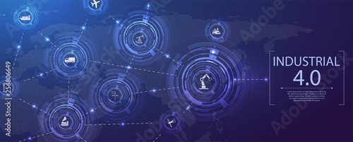 	 Industry 4.0 concept.Blue  banner concept with icons. Infographic and Smart manufacturing concept.