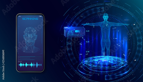 Robot. Biometric identification or Facial recognition system concept. concept of biometric technology, digital Face Scanning, human head combined with electronic board, Vector