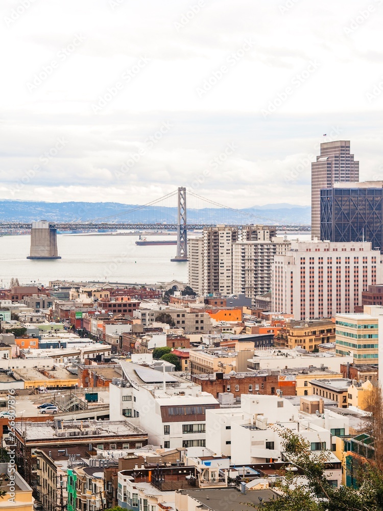Panorama of the streets of San Francisco, visible tower Pyramid, skyscrapers, bridges and the ocean