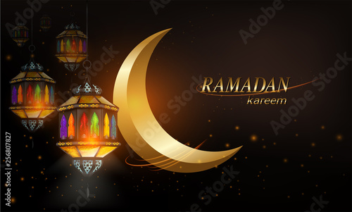 Ramadan Kareem or Eid mubarak greeting card with ramadan lamp, moon and stars lantern on Muslim feast of holy islam religious month. vector illustration.