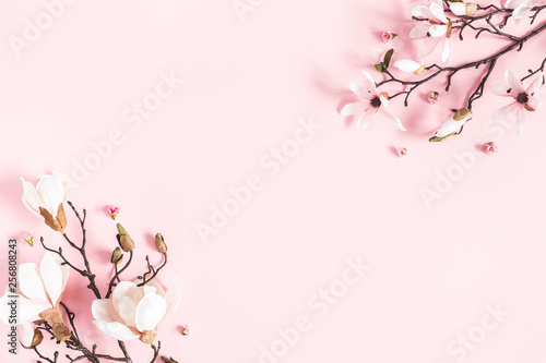 Flowers composition. Magnolia flowers on pastel pink background. Flat lay, top view, copy space © Flaffy