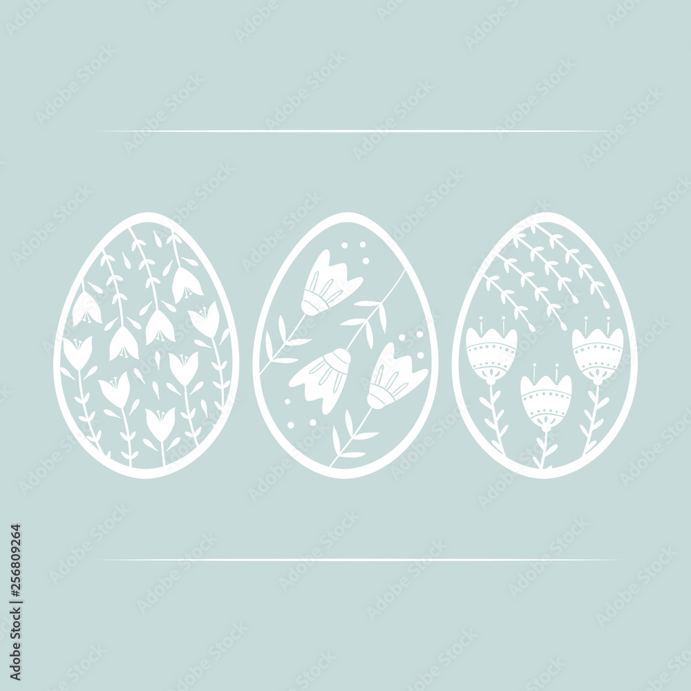 Set of Easter eggs with floral and plant ornamental. Folk style collection, laconic vector graphic Scandinavian style. Blue color. Holiday card celebration design Set of Easter eggs with floral and plant ornamental. Folk style collection, laconic vector graphic Scandinavian style. Blue color. Holiday card celebration design
