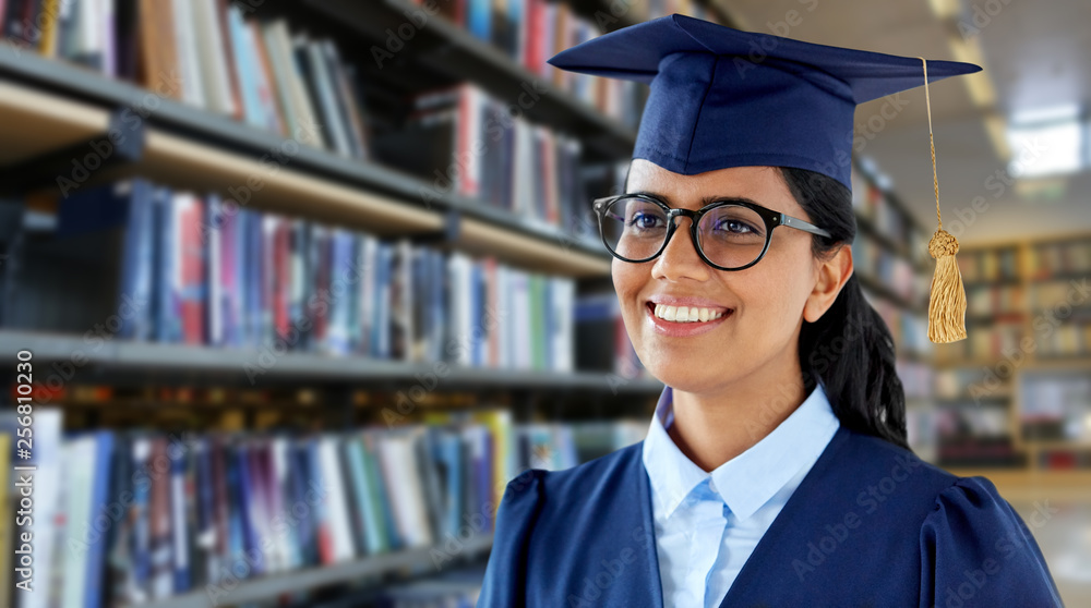 Αυτοκόλλητο education, graduation and people concept - happy female graduate student in mort