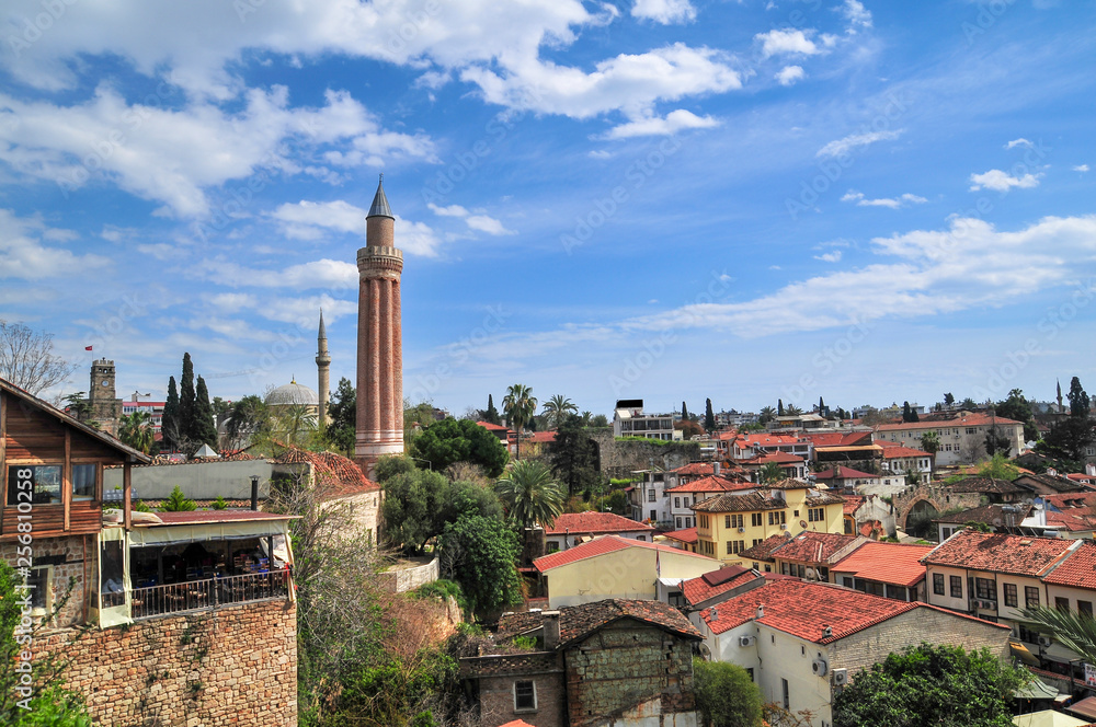 Panoramic view of Antalya Kaleici Old Town with the Clock Tower, Yivli Minaret. Turkey