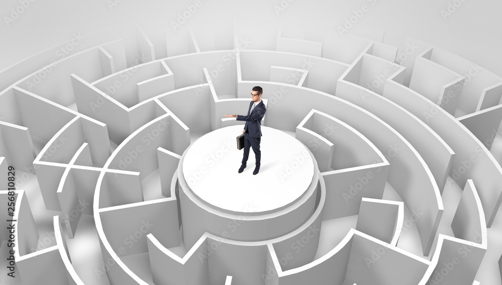 Businessman standing on the top a maze and looking through
Businessman standing on the top a maze and looking through