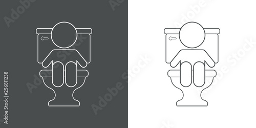 Icono plano lineal bebé sentado en WC en gris y blanco