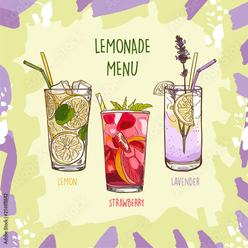 Lavender, Lemon, Strawberry Lemonade set in glass cup with drinking straw. Refreshing summer drink vector clip art illustration, doodle style drawing. Sketch image isolated for menu design collection