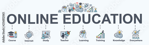 Online Education banner web icon for lesson and presentation. course, teacher, study, e learning, knowledge everywhere and everytime. Minimal vector infographic.