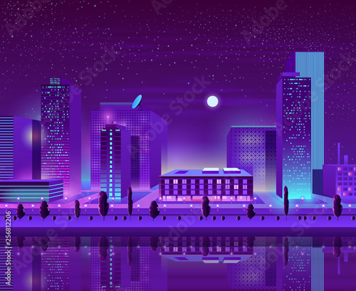 Modern city new district on river or sea shore night landscape cartoon vector in neon color. Metropolis street with illuminated skyscrapers, public buildings reflection in quay calm water illustration