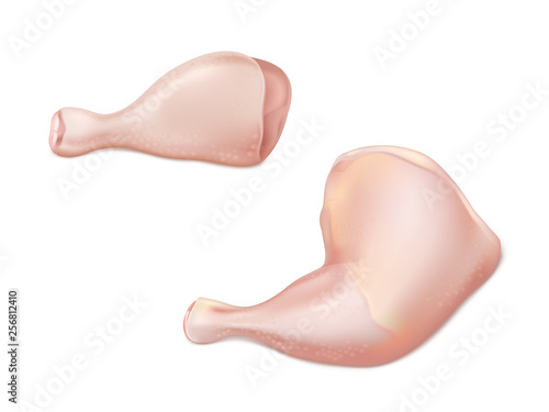 Poultry raw meat pieces 3d realistic vector with chicken or turkey back quarter parts as drumstick and thigh isolated on white background. Barbeque grilling, protein diet appetizing ingredients set