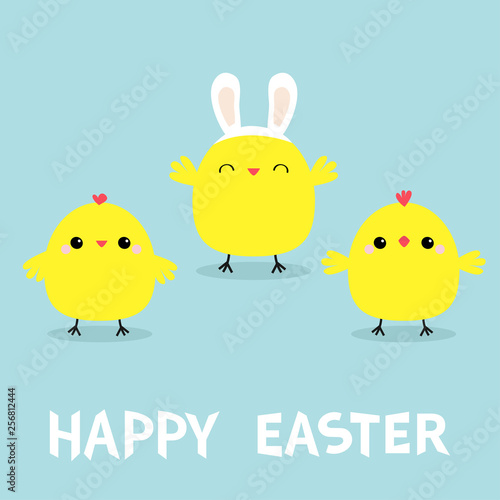 Chicken bird face head wearing bunny rabbit ears band. Happy Easter. Cute cartoon funny kawaii baby character set. Friends forever. Flat design. Greeting card. Blue pastel color background.