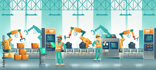 Factory automated packaging line, plant robotized production, innovative manufacturing with computer numerical control technologies cartoon vector. Industrial technician, engineer working on conveyor