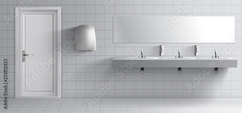 Public lavatory room interior 3d realistic vector. Toilet washing basins row with metal faucets on marble plate, liquid soap dispensers, hand drier unit, long mirror on grey tilled wall illustration