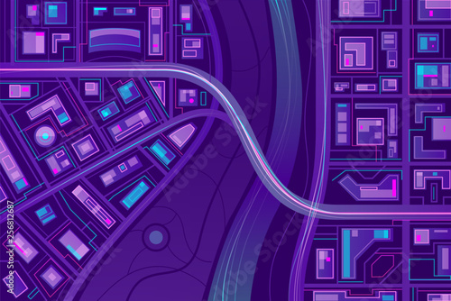 Modern metropolis top view map flat vector in neon color. City quarters streets, buildings, bridge over river illustration. Navigation application, cartography service design element. Urban background