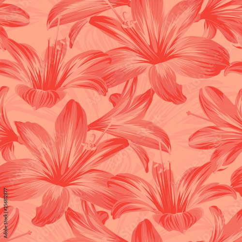 Seamless floral pattern with coral flowers - Hippeastrum or Amaryllis on pink background.