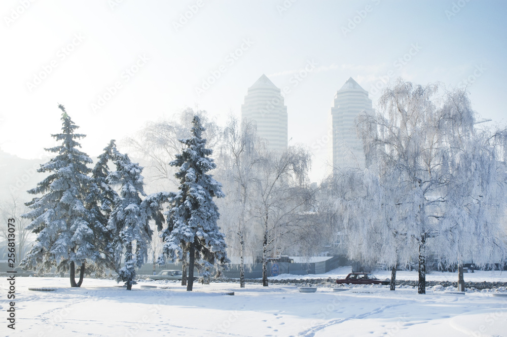 A Winter scene in Dnipro. Winter city, frosty morning. Ukraine