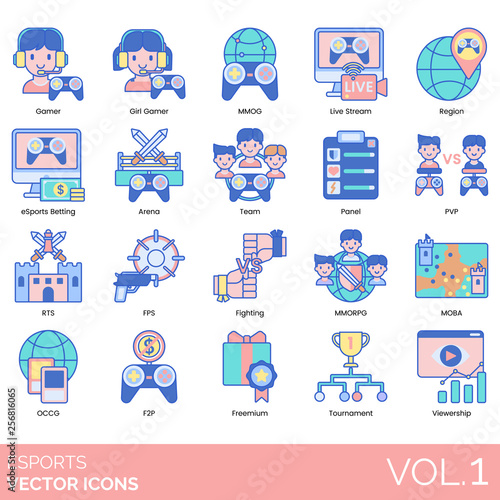 Esports icons including gamer, girl, MMOG, live stream, region, betting, arena, team, panel, PVP, RTS, FPS, fighting, MMORPG, MOBA, OCCG, F2P, freemium, tournament, viewership.