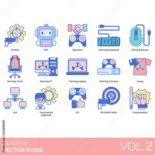 Esports icons including aimbot, NPC, sponsor, gaming keyboard, mouse, chair, pc, laptop, console, jersey, LAN, tournament organizer, GG, kill death ratio, overpowered.
