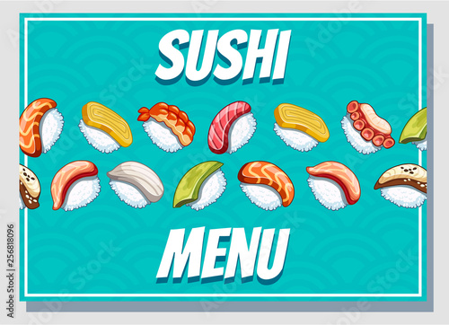 Horizontal cartoon business card. Japanese food poster design for sushi bar or restaurant.