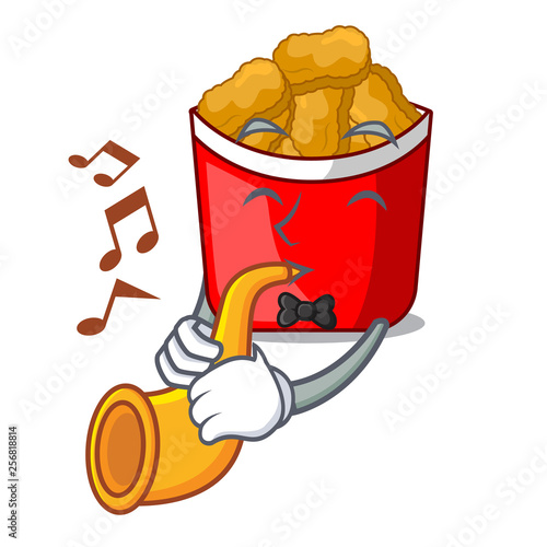 With trumpet chicken nuggets in the cartoon shape