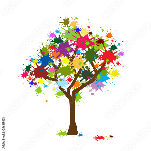 Colorful splatter tree abstract paint splash spring tree template