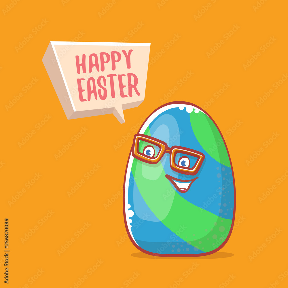 Obraz premium Happy easter cartoon greeting card with cute cartoon egg character isolate on orange background. Vector Happy easter creative concept illustration