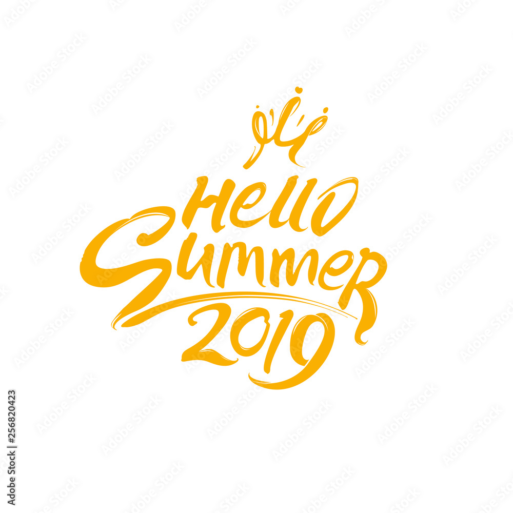 Hello Summer 2019. Vector yellow lettering template. Free inscription with crown princess.