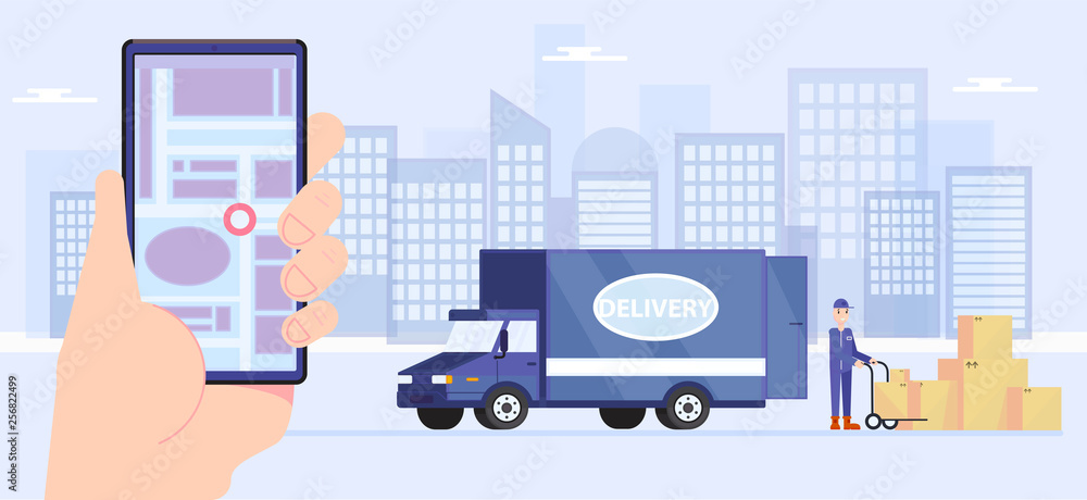 Obraz premium Service delivery and logistics with phone app. Worker with boxes. Staff and transport. Tracking the van. Flat vector