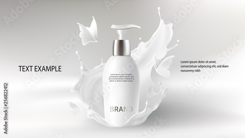 Cosmetic realistic vector background with cream. Skin care cosmetics, body lotion in white bottle with silver dispenser in milk splash, crown with flying butterfly. Mock-up promo banner, poster