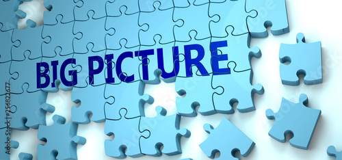 Big picture puzzle - complexity, difficulty, problems and challenges of a complicated concept idea pictured as a jigsaw puzzle tiles with a English word, 3d illustration photo