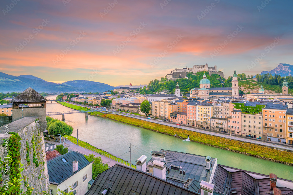 Beautiful view of Salzburg city skyline  in the summer at sunset