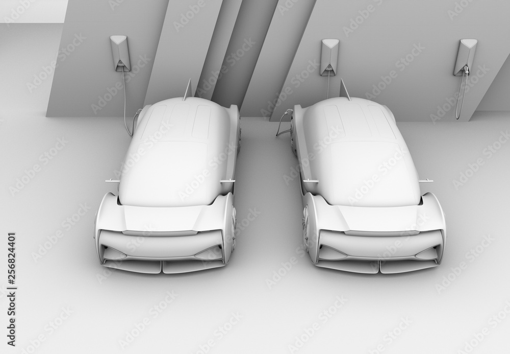 Clay rendering of electric car charging in charging station. 3D rendering image. Clay rendering of electric car charging in charging station. 3D rendering image.