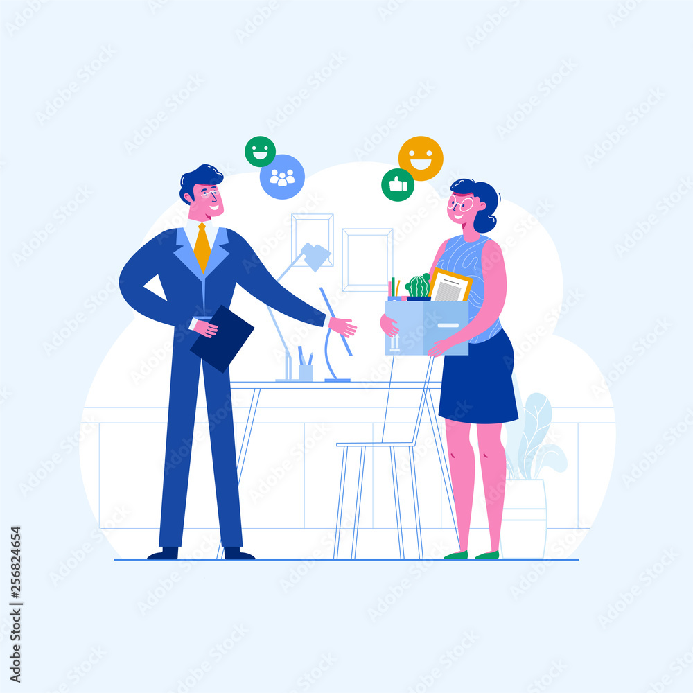 The first day at the new job. The woman employee comes in the office with a box of things. Vector illustration of the first working day. Simple concept with working situation.