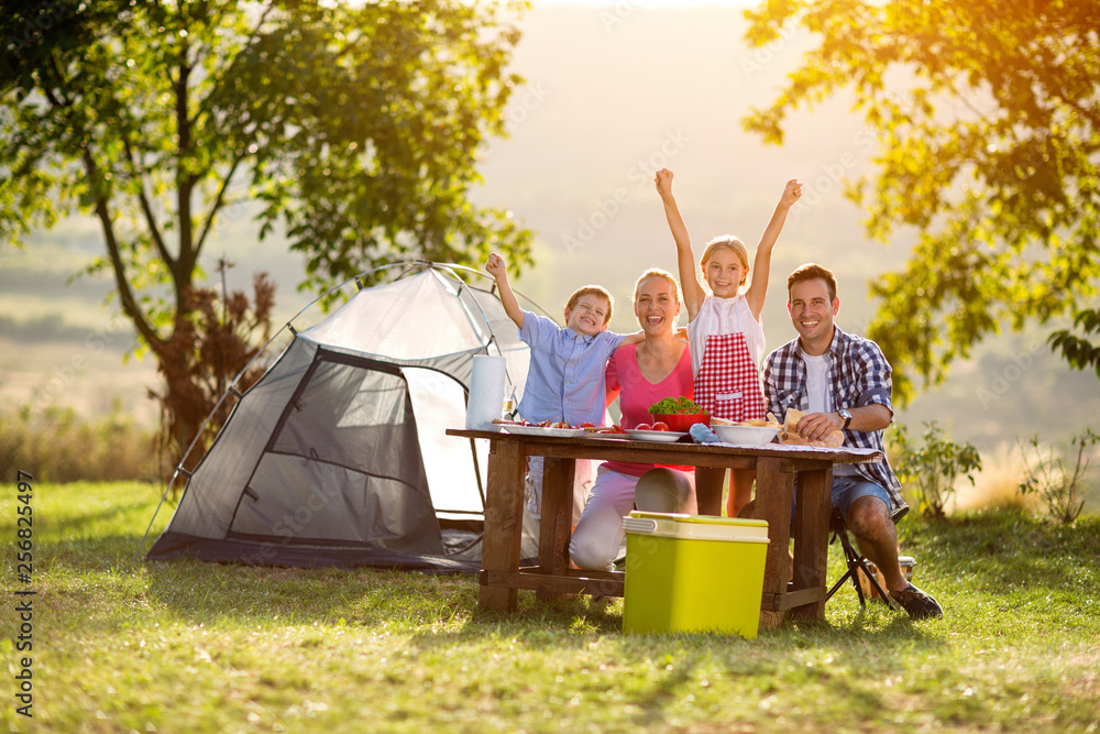 happy family on camping - obrazy, fototapety, plakaty 