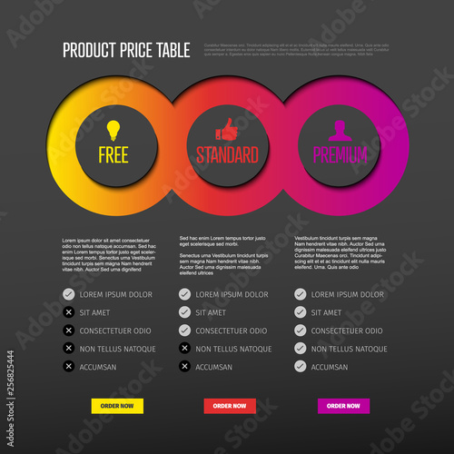 Product price table template