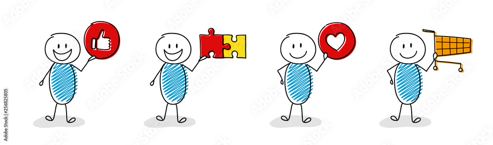 Hand drawn cartoon people holding business icons. Vector Stock Vector