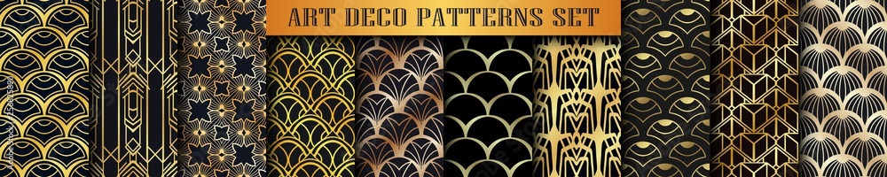 Vintage ornamental art deco retro seamless backgrounds and textures set . Vector illustrations in this collection can be used for wrapping paper, wallpapers, tiling, flooring, fabric, textile - obrazy, fototapety, plakaty 