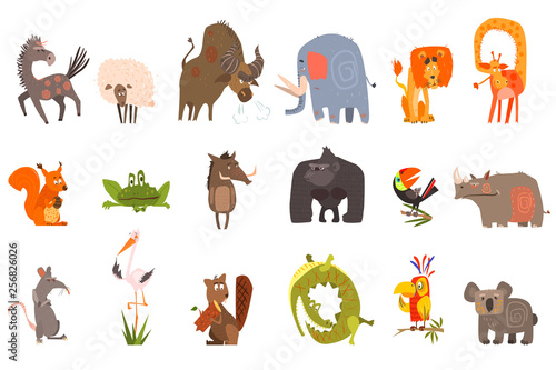 Detailed flat vector set of funny animals. Horse, sheep, bison, elephant, lion, giraffe, squirrel, frog, wild boar, gorilla, toucan, rhinoceros, rat, stork, beaver, crocodile, parrot, koala