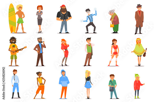 Flat vector set of various cartoon people characters with different lifestyles and interests. Young men and women, old lady, teenagers