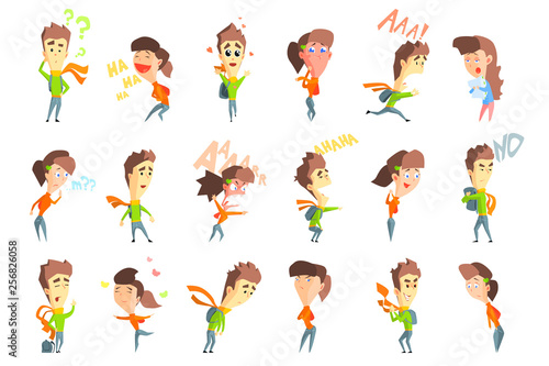 Flat vector set with cartoon boy and girl showing various emotions. Thoughtful, laughter, fear, anger, arrogance, happiness, joy, confidence, surprise, confusion