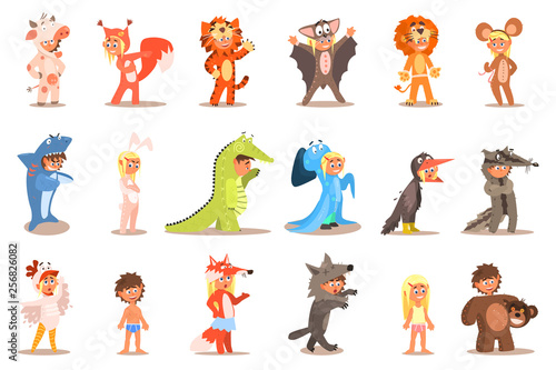 Flat vector set of kids in carnival costumes cow, squirrel, tiger, bat, lion, mouse, shark, hare, crocodile, octopus, crow, wolf, rooster, chicken, fox, bear