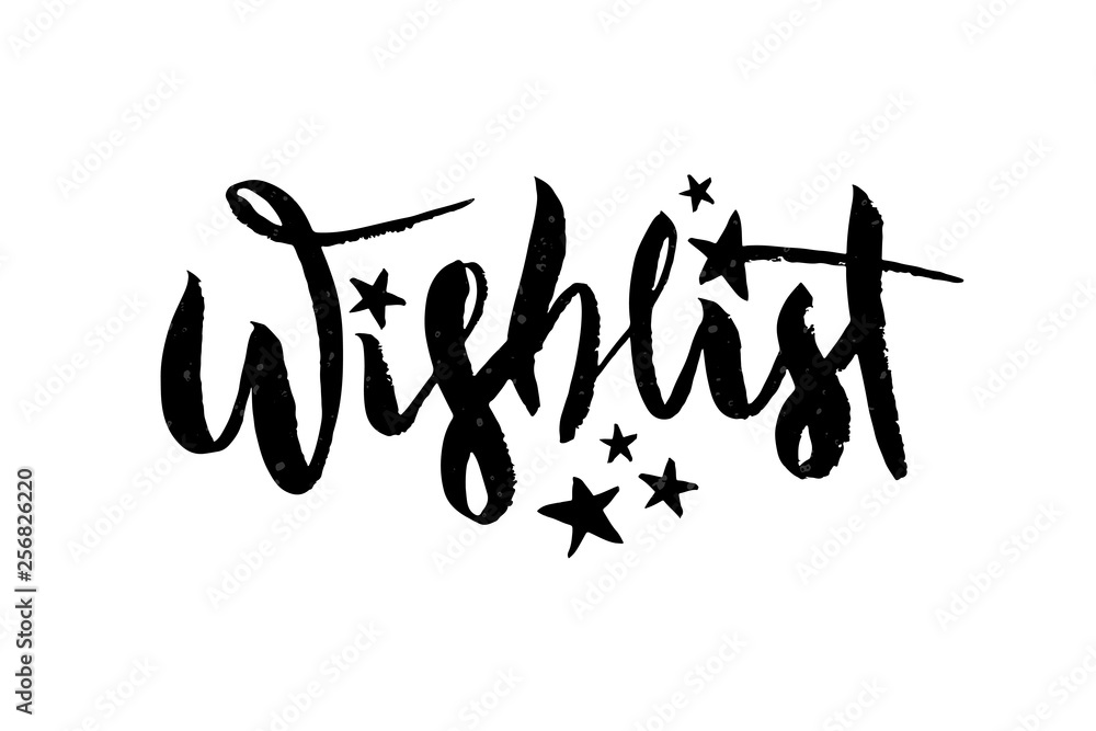 Vector illustration of Wishlist inscription for birthday party. Brush lettering, modern calligraphy for desirable gifts. Vector illustration of Wishlist inscription for birthday party. Brush lettering, modern calligraphy for desirable gifts.
