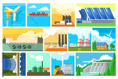 Types of electricity generation plants and alternative energy sources. Electricity production stations. Colorful flat vector design
