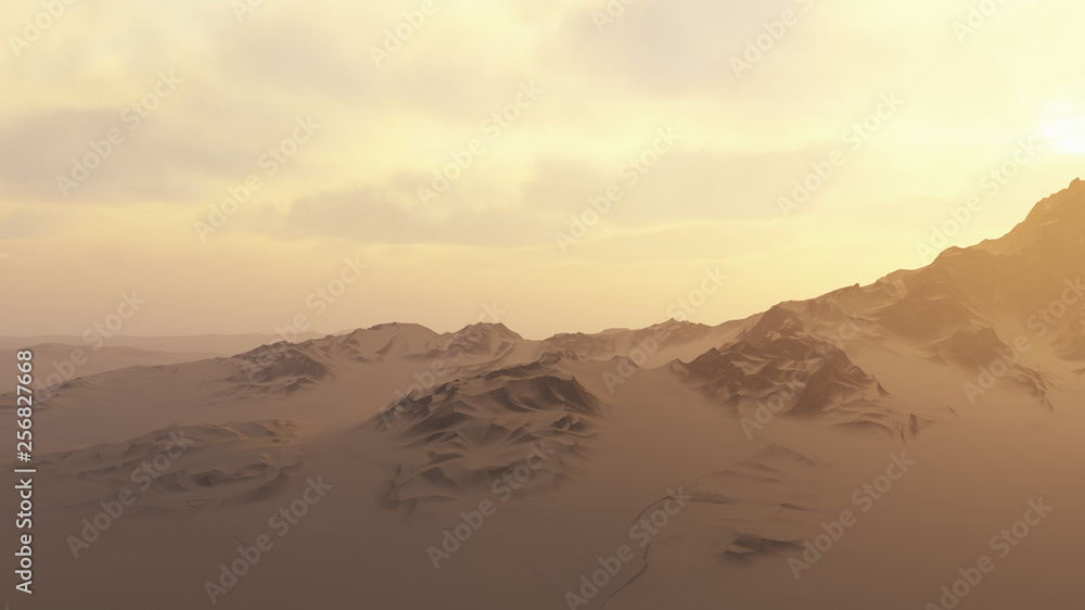 Snowy mountains in misty sunrise.