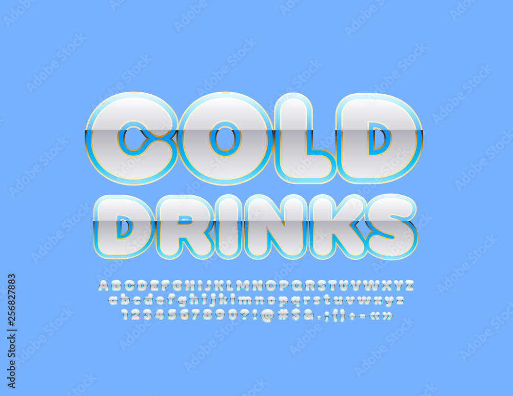 Vector glossy banner Cold Drinks. Blue and White Alphabet set. Font for Marketing, Logo, Advertising design Vector glossy banner Cold Drinks. Blue and White Alphabet set. Font for Marketing, Logo, Advertising design