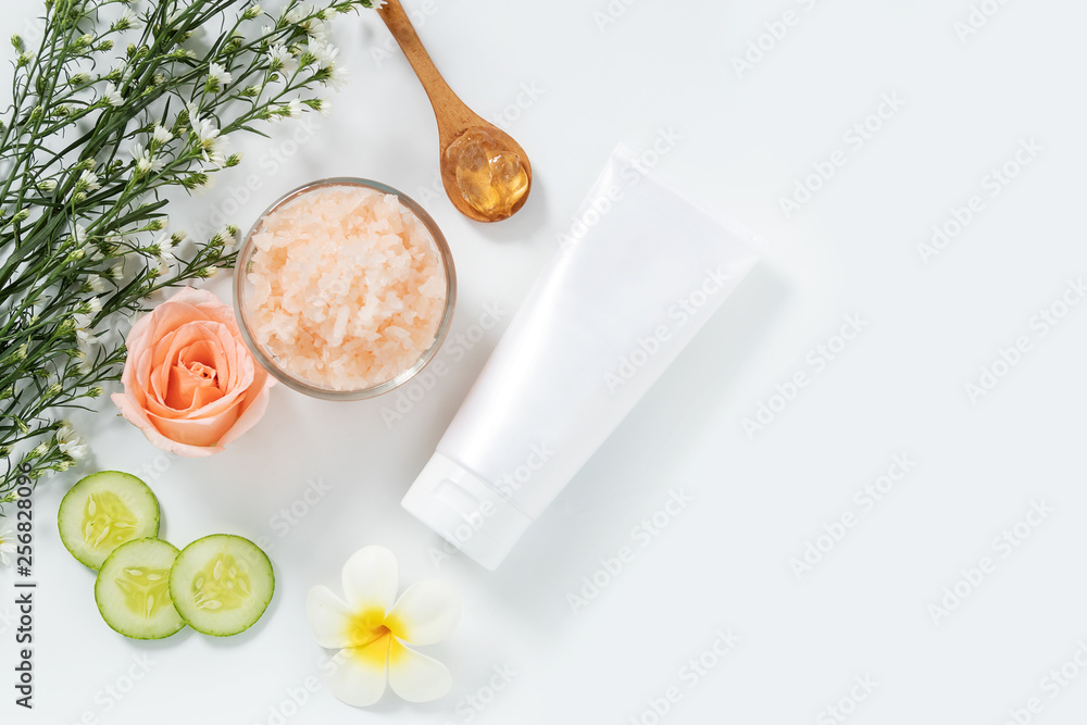 custom made wallpaper toronto digitalskin care concept. flat lays of skincare remedies style in white squeeze tube package with blank label and salt spa in glass bowl with natural materials isolated on white background