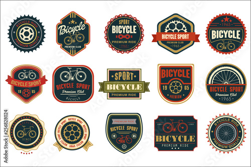Set of vintage bicycle logos. Extreme cycling sport. Stylish typographic design for biking club, bike shop or repair service. Original vector emblems