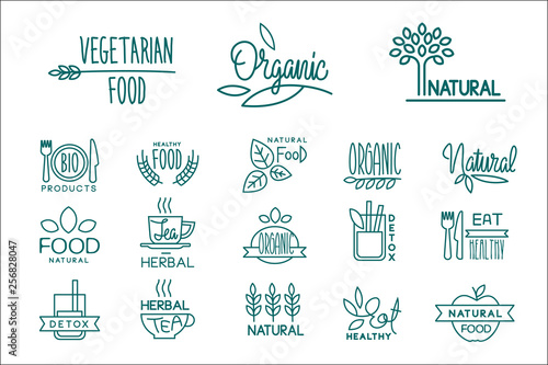 Set of organic food and drinks logos. Healthy vegetarian nutrition. Emblems for cafe  restaurant and natural products packaging. Hand drawn vector labels